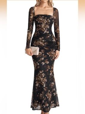 Square-Neck Black Floral Long-Sleeve Evening Gown
